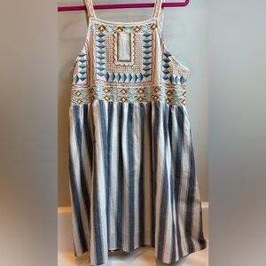 Entro Embroidered Strappy Striped Lined Sundress Blue White Beige Size L